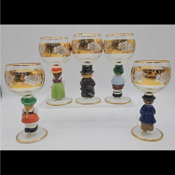 Set of 5 Vintage Goebel Hummel Figurine Cordial Wine Glasses 14k Gold Gilding - Picture 4 of 12
